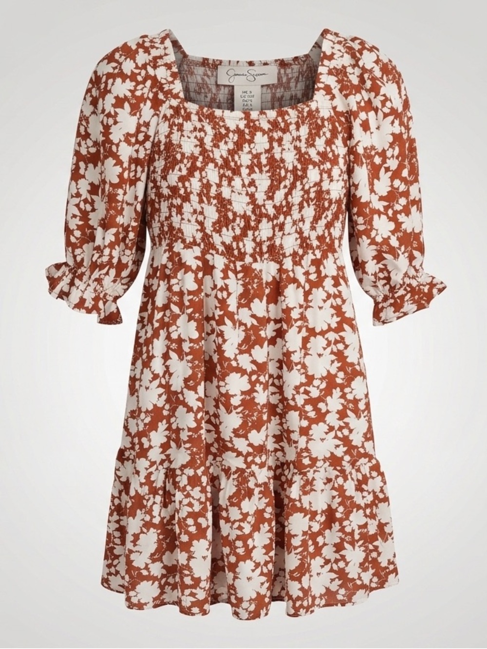 Jessica Simpson Rust and White Floral Smocked Square-Neck Dress